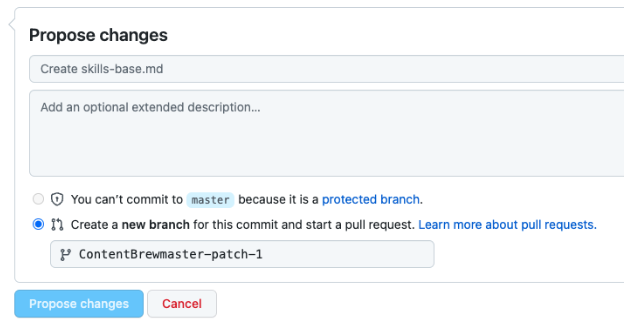 Screenshot of GitHub fields for entering a comment and selecting a branch.