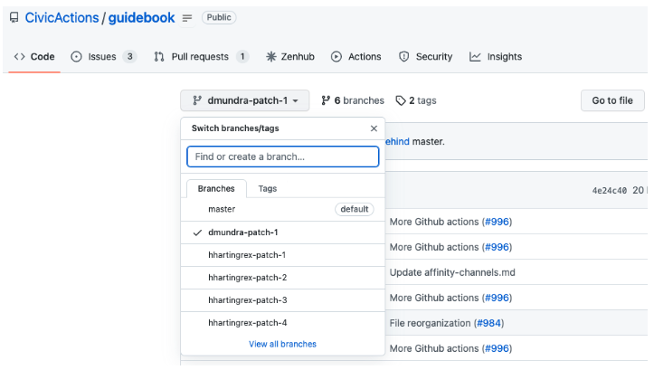 Screenshot of GitHub dropdown menu listing available branches of the repository.