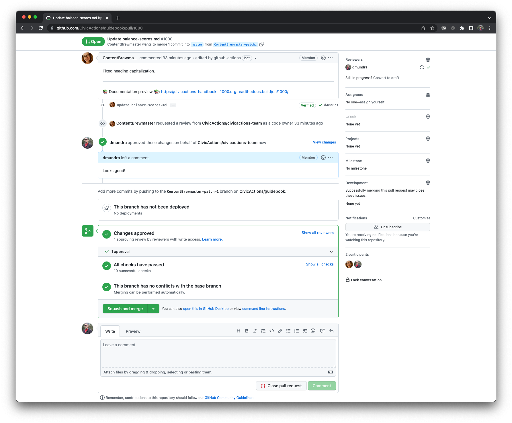 Screenshot of GitHub indicating that changes have been approved, all checks have passed, and the branch has no conflicts with the base branch.