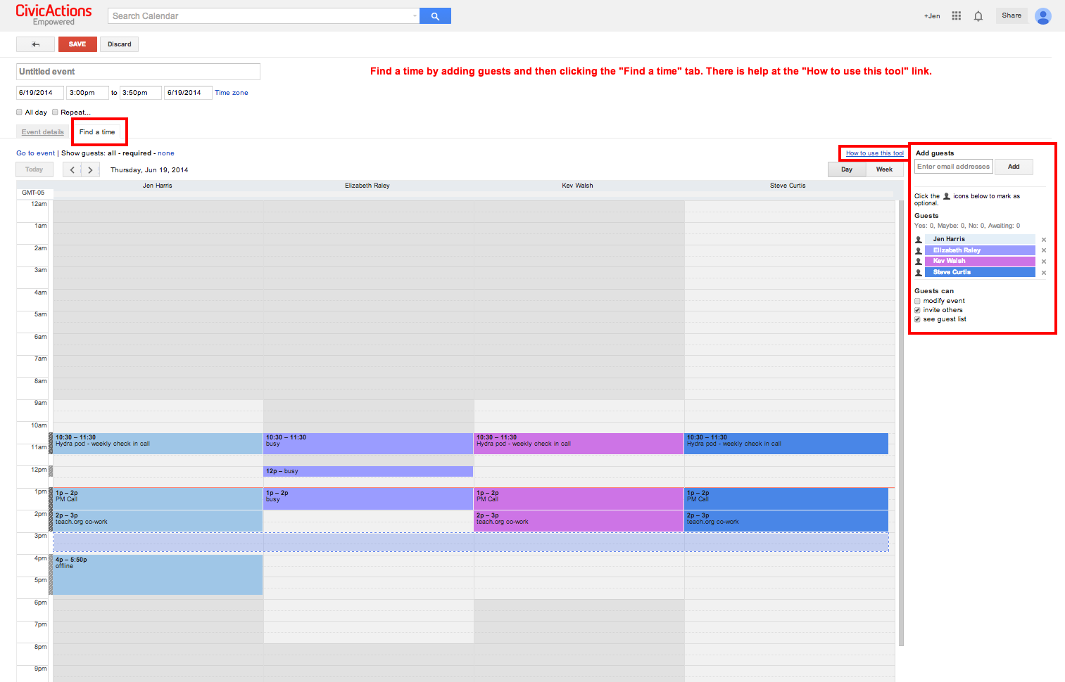 Screenshot of "Find a time" tab when creating a google calendar event